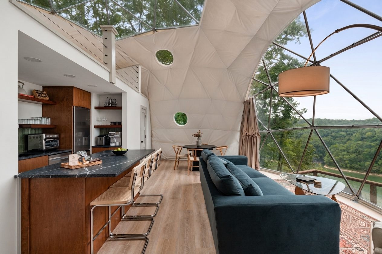 Open-plan dome interior with kitchen, sofa and tall panoramic windows